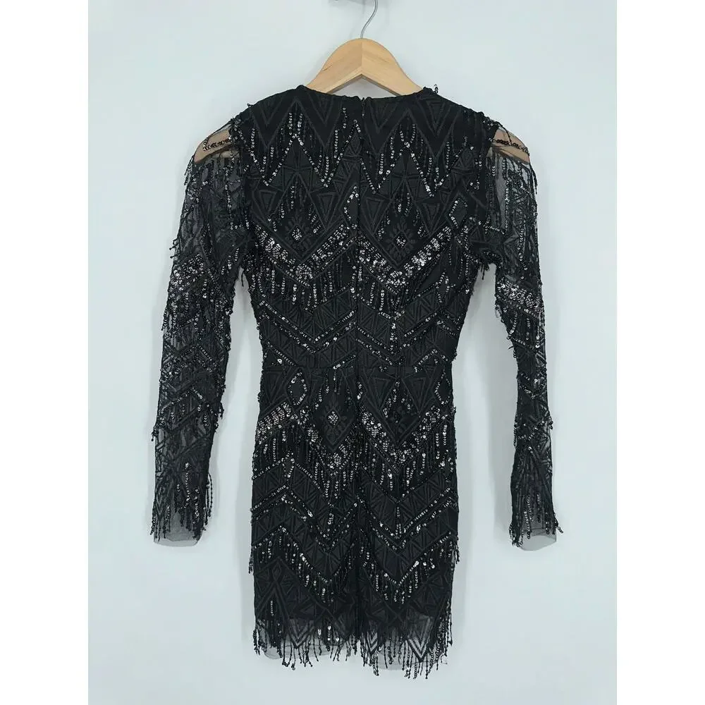 REVOLVE Superdown Nia Sequin Fringe Mini Dress Plunge V-Neck Mesh Long Sleeve - Picture 8 of 13